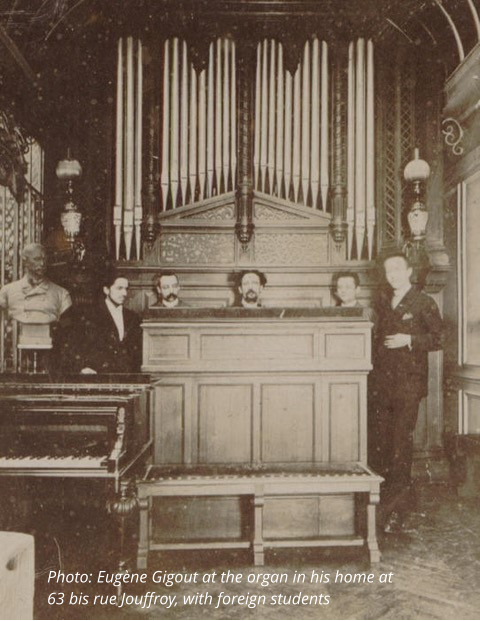 Photo: Eugène Gigout at the organ in his home at 63 bis rue Jouffroy, with foreign students